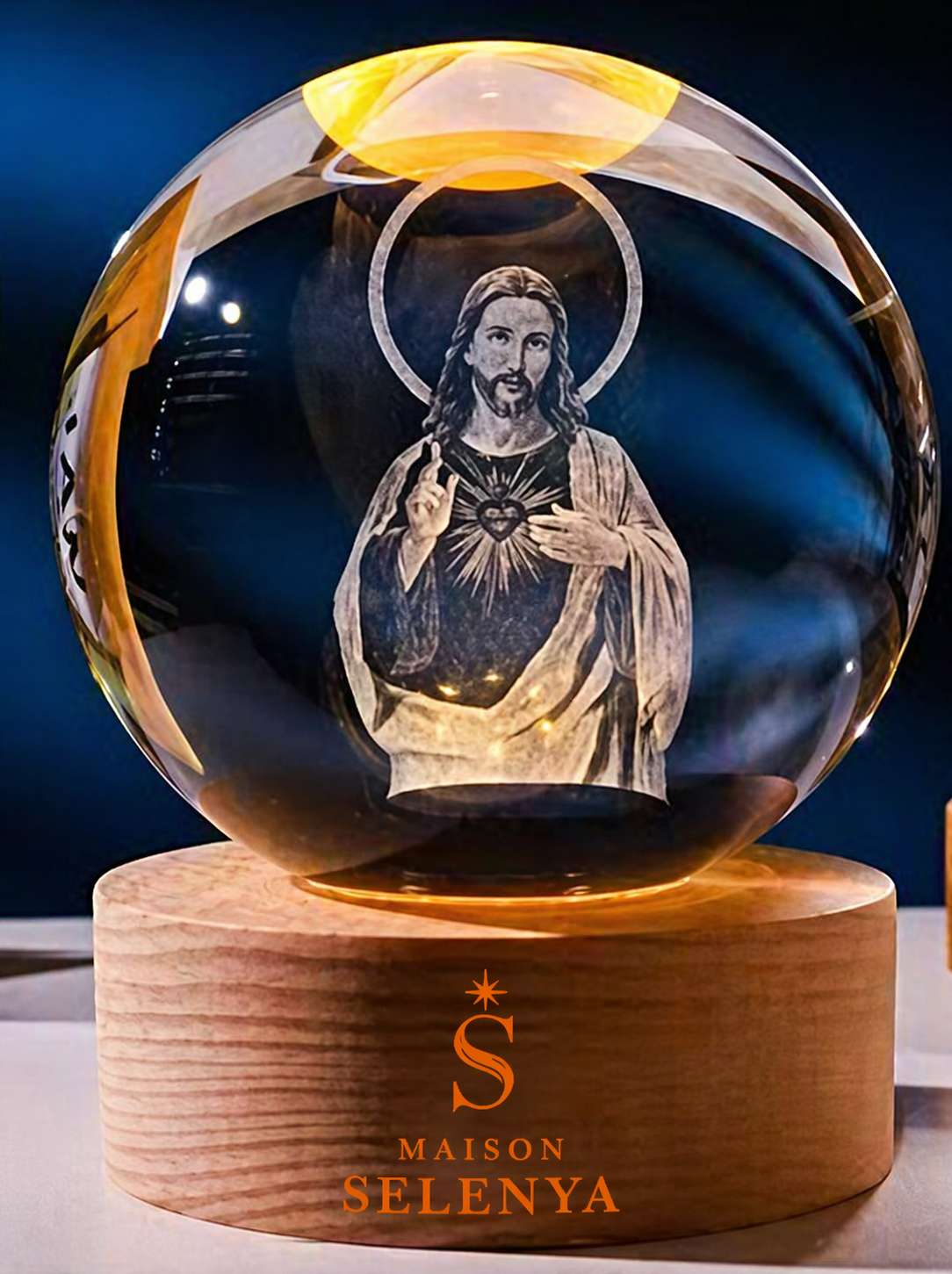 Veilleuse Cristal Jésus – Lumière Divine | Maison Selenya